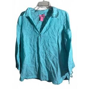 Isaac Mizrahi 100% Linen Long Sleeve Top - Aqua Blue Large